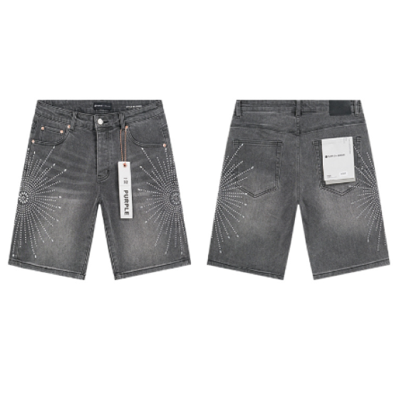 Black Washed Denim Shorts with Rhinestone Sunburst Pattern